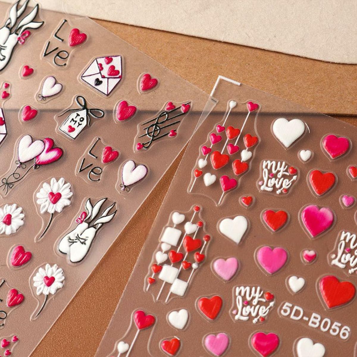 Valentine’s Day Nail Stickers for Nail Art, 5D Embossed Love Heart Nail Decals 2PCS Red White Pink Heart Envelope Rose Balloons Self-Adhesive Valentines Nails Design Manicure Accessories for Women