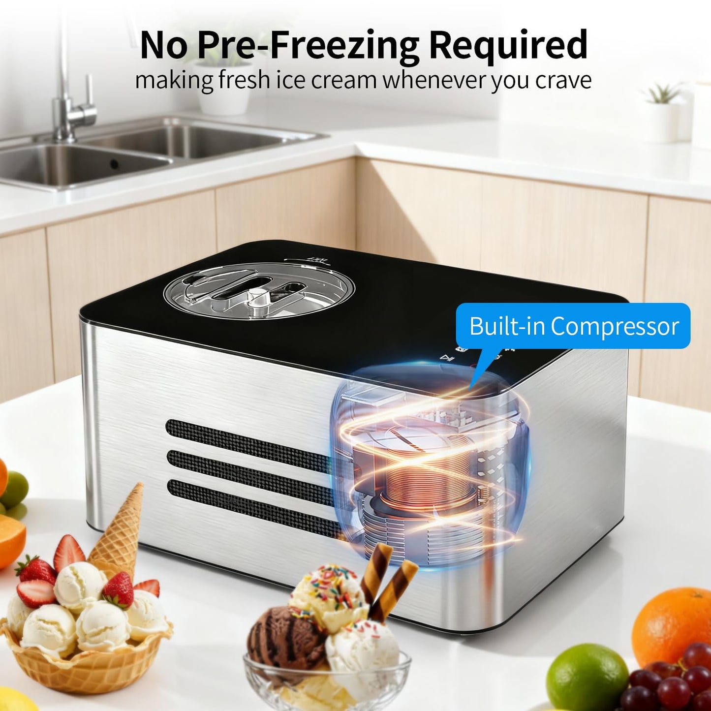 Ice Cream Maker Machine with Compressor: 2.1 Quart Stainless Steel Yogurt Maker - No Pre-Freeze Ice Cream Machine with LCD Display & Timer