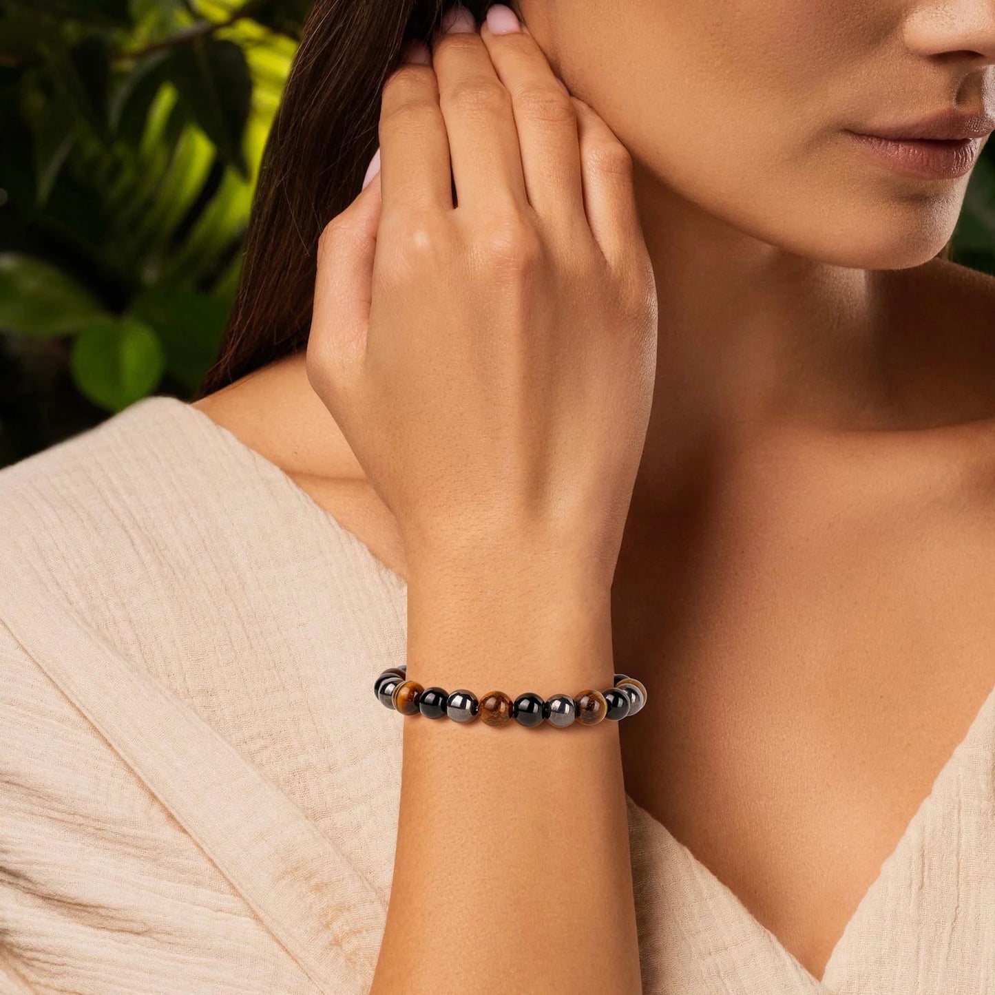 Bolinailo Healing Crystal Triple Protection Bracelet 8mm Crystal Beaded Bracelet for Women Men Natural Stones of Tiger Eye, Hematite, Black Obsidian Handmade Gemstone Reiki Spiritual Jewelry Gifts