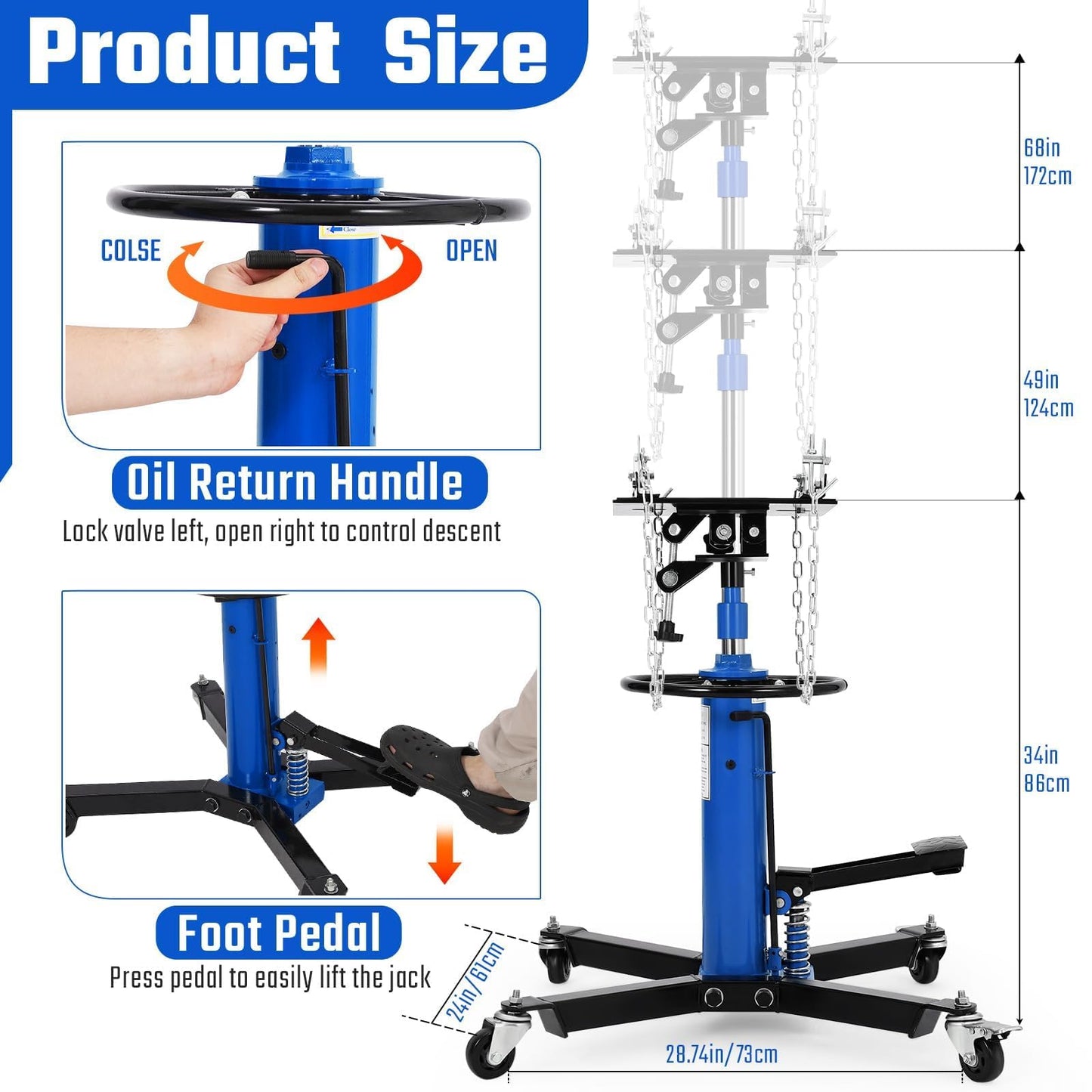 Transmission Jack, 1322 LBS/0.6 Ton Heavy Duty Hydraulic Telescoping Stand, 34"-68" High Lift Transmission Jack Stand, Foot Pedal, 360° Swivel Wheels, for Garage & Shop, Blue