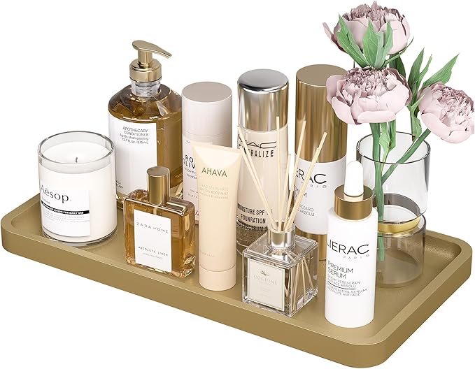 Weenson Gold Bathroom Vanity Tray for Countertop Perfume Makeup Jewelry Decor Candle, Bamboo Kitchen Tray for Soap Dispenser Spice Coffee, Toilet Tank Tray 11.81âL x 6.1âW x 0.79âH
