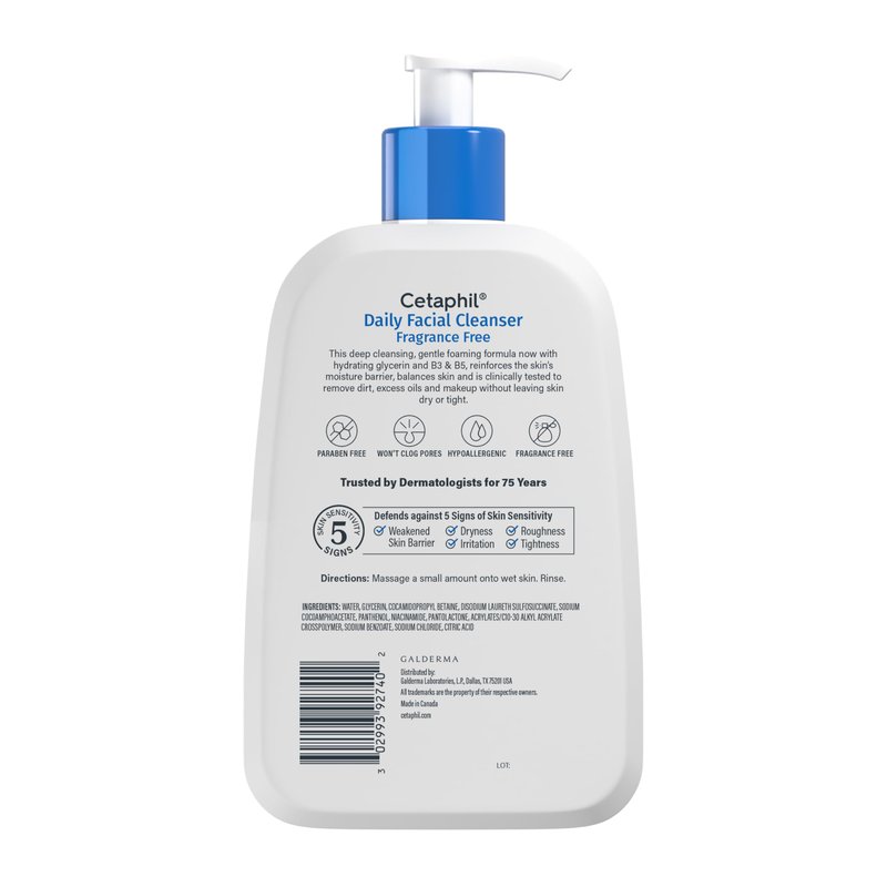 Cetaphil Face Wash, Daily Facial Cleanser for Sensitive, Combination to Oily Skin, 16 Oz, Fragrance Free, Gentle Foaming, Soap Free, Hypoallergenic
