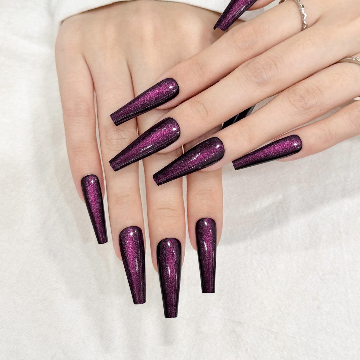 Dark Purple Cat Eyes Press On Nails,12 Sizes - 24 Pcs Soft Gel Purple Long Coffin Fake Nails Kit with Nail Glue, Natural Reusable Stick On False Nails for Women and Girls SK1045