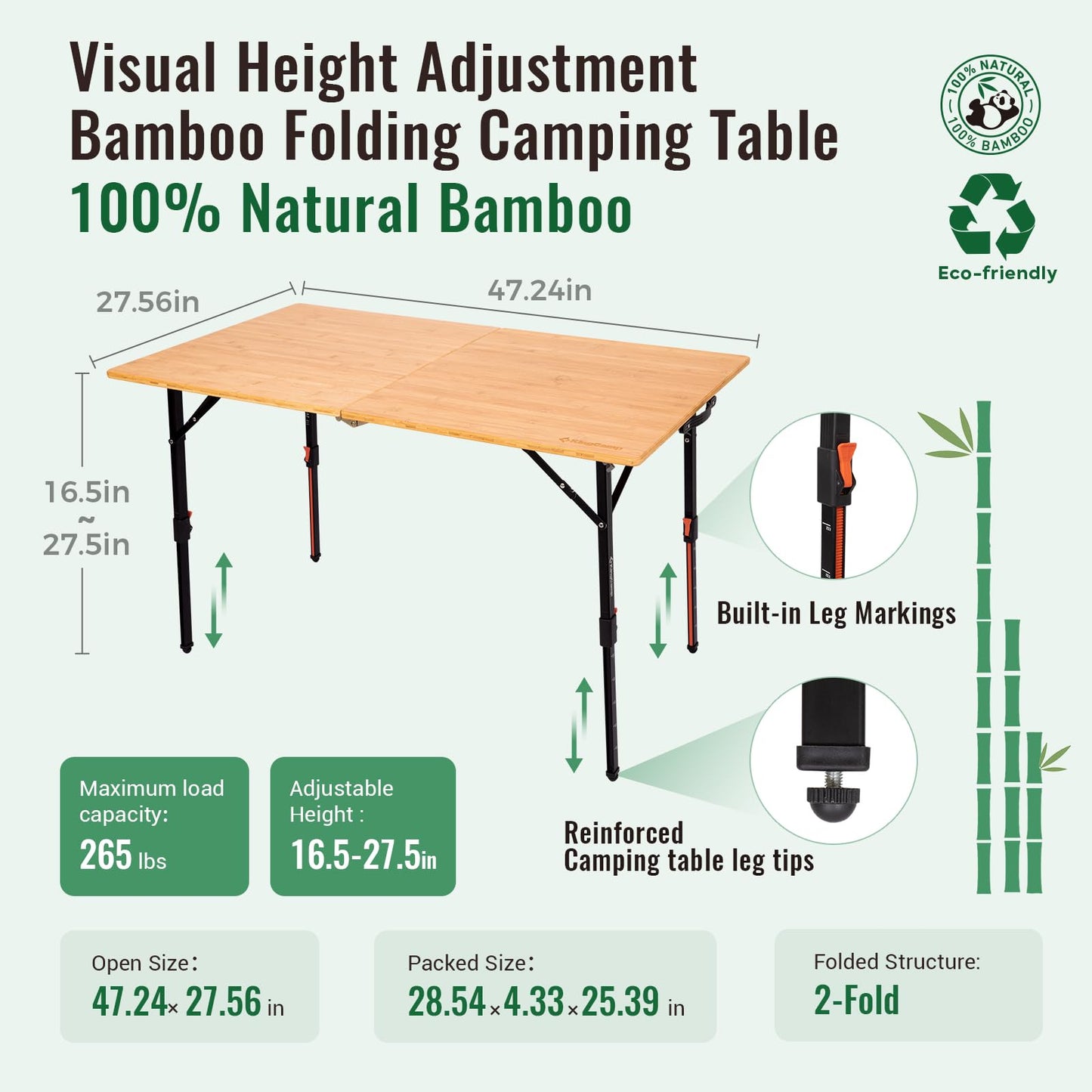 KingCamp Bamboo Folding Table, 47 Inch Large Portable Camping Table with Adjustable Height Legs for Uneven Ground, High-Strength Bamboo Surface Holds 265lbs, Multi-Scenario Table for Home & Outdoor
