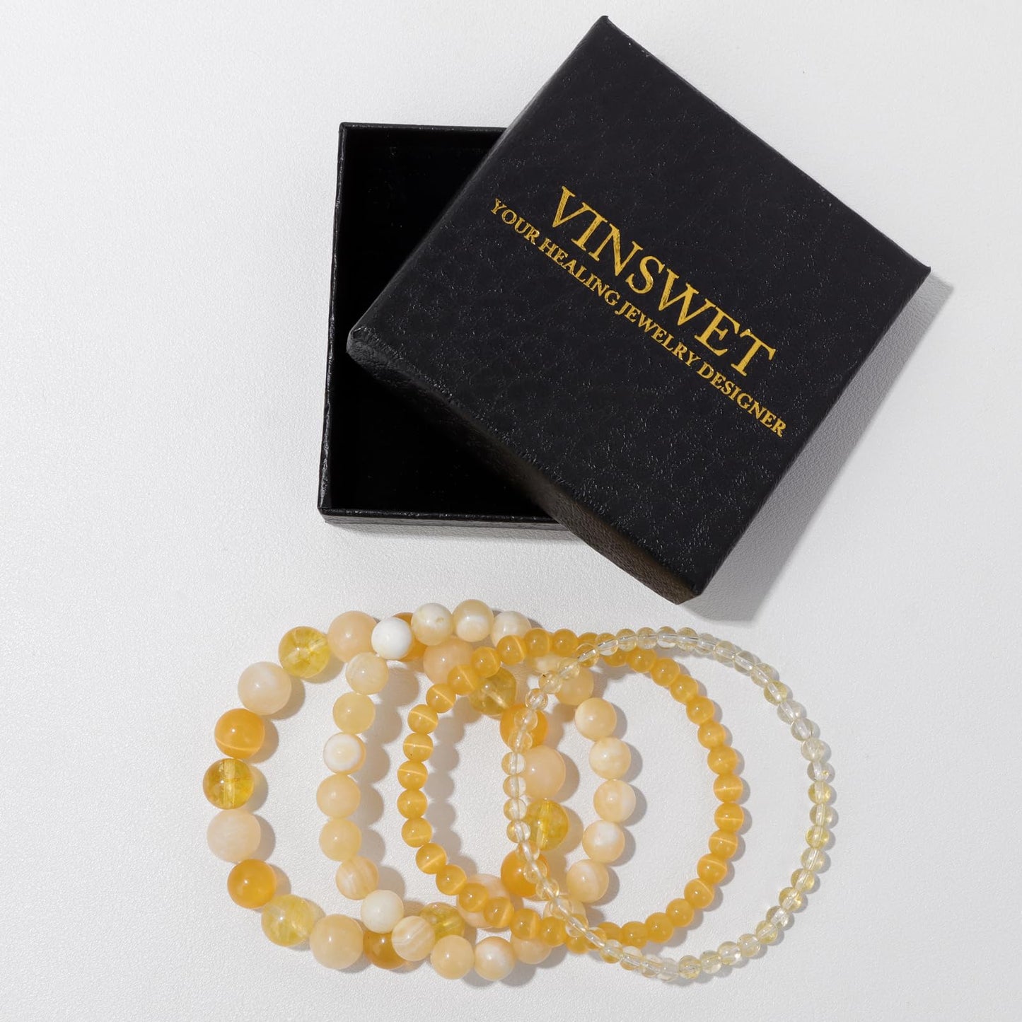 Vinswet 4pcs Natural Stone Beaded Bracelets for Women Men,Healing Crystal Gemstones Stretch Bracelet,4mm 6mm 8mm 10mm Citrine Yellow Cat Eyes Yellow Cat Eyes Anxiety Stress Relief Bracelet Jewelry Gifts