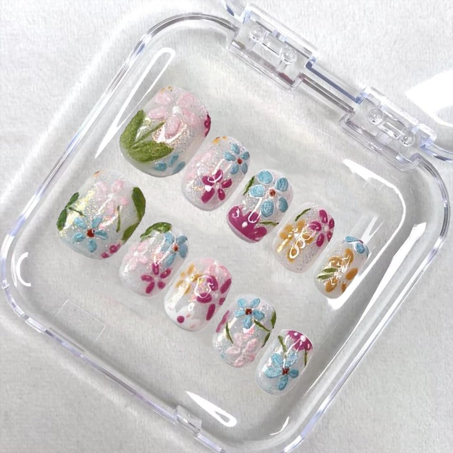 Handmade Press on Nails Short Square Fake Nails Press Ons Luxury Cute Flower Full Cover Stick on Nails Glitter Glue Nails for Women Girls Manicure (Oil Painting S)