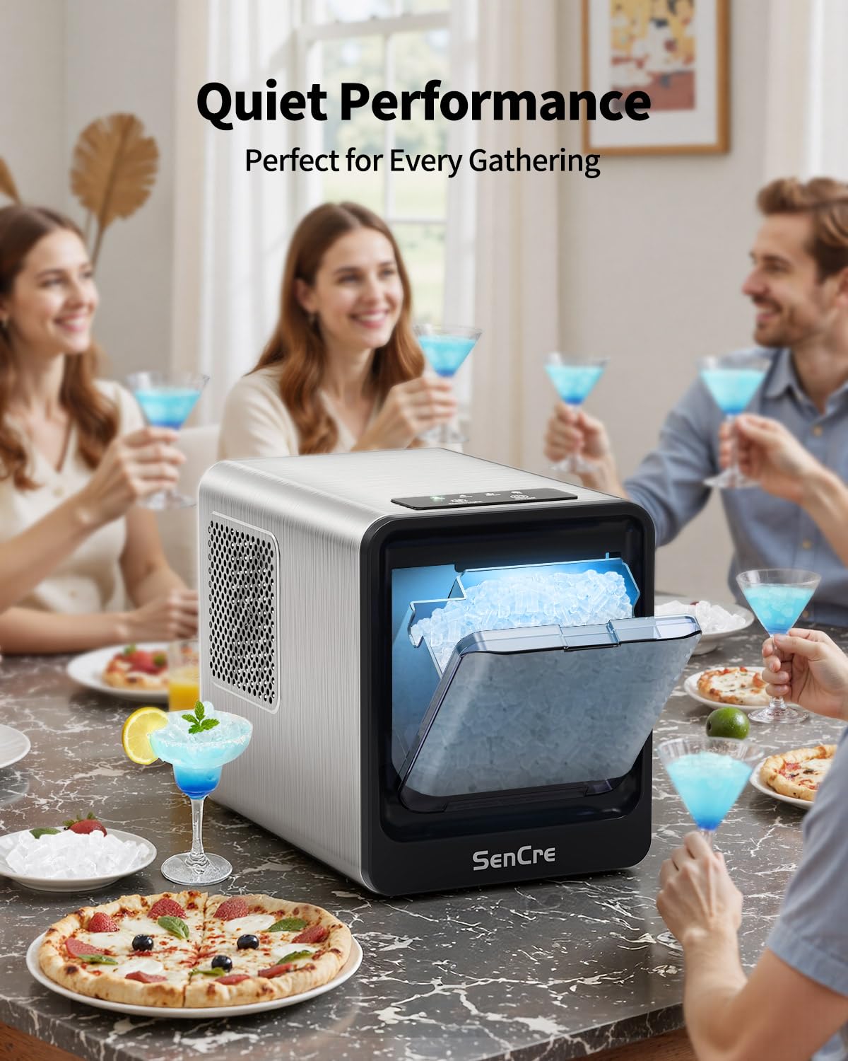 SenCre Nugget Ice Maker Countertop with Auto Water Refill, 42lbs/Day Stainless Steel Ice Machine with Pull-Out Drawer & One-Click Self-Cleaning, Portable Ice Makers for Home/Kitchen/Office