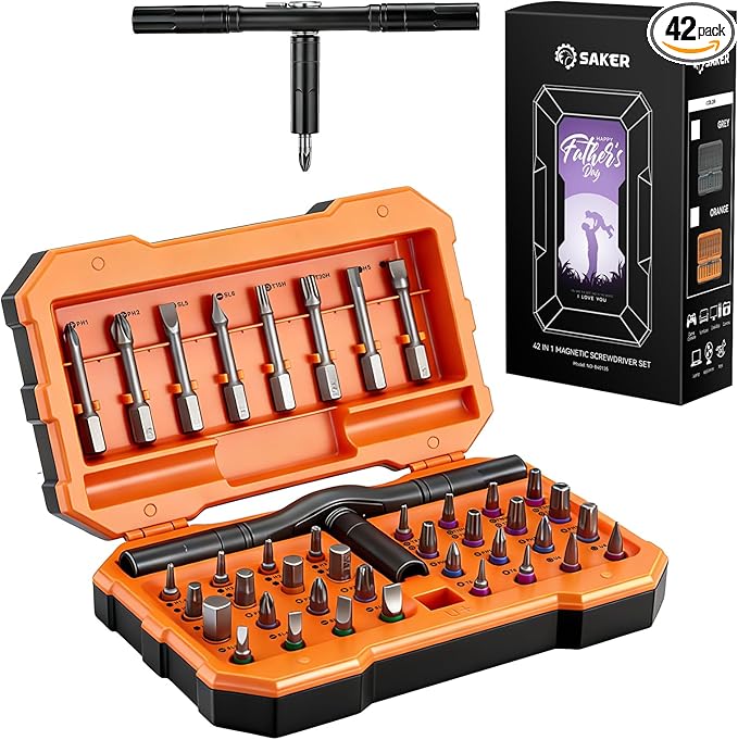 Saker 42-in-1 Magnetic Screwdriver Set for FatherâÂÂs Day Gift, Screwdriver Set with T Handle & Storage Case, for Men Gift, Furniture, Computer, Bicycle, and DIY, Orange