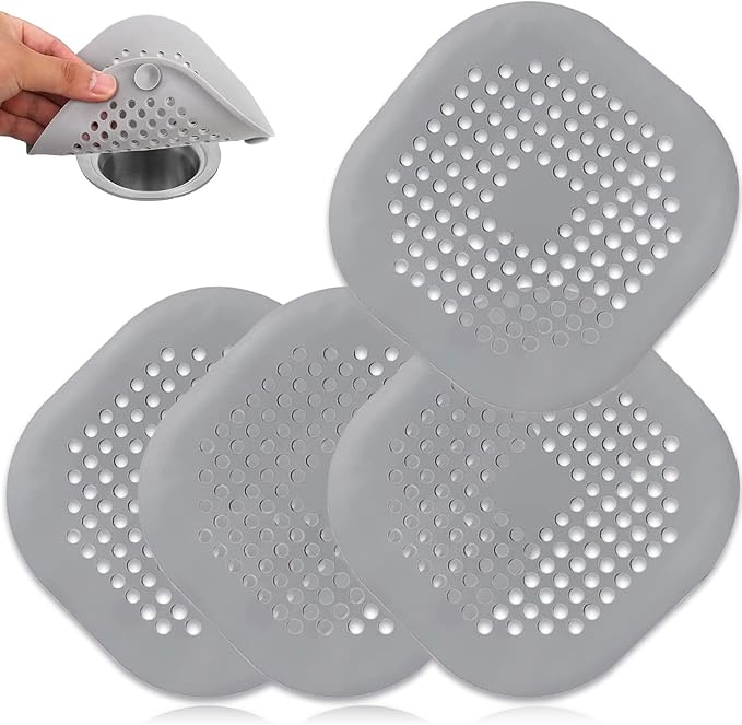 4 Pack Drain Hair Catcher Durable Silicone Hair Stopper Shower Drain Covers Easy to Install and Clean Suit for Bathroom Bathtub and Kitchen (Square Grey 4Pack)