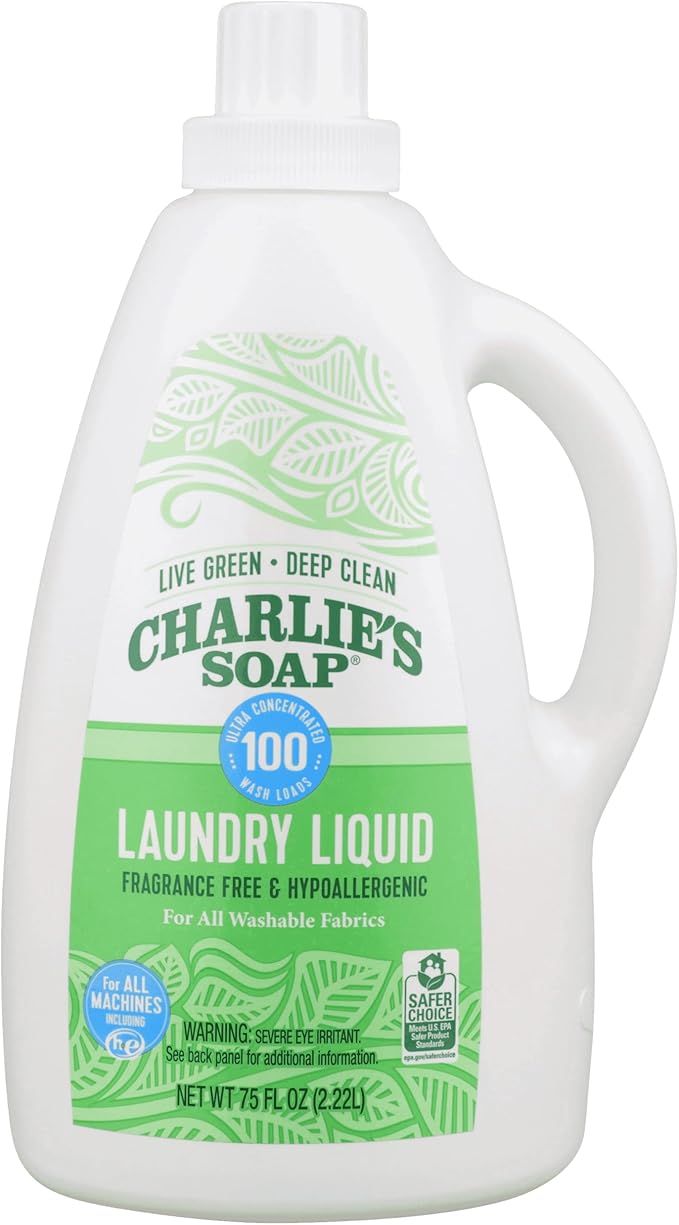 Charlieâs Soap Laundry Liquid (100 Loads, 1 Pack) 75.0 Fl Oz Natural Deep Cleaning Hypoallergenic Laundry Detergent â Eco-Friendly, Safe and Effective