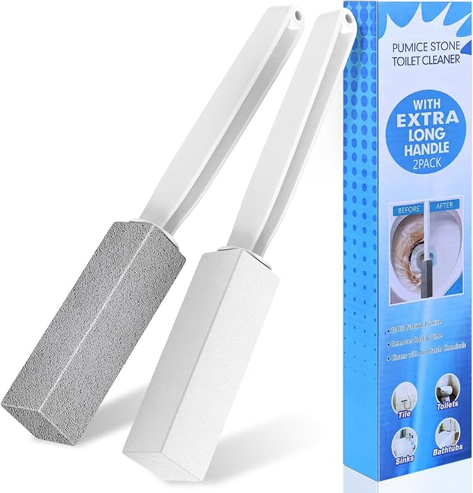 Laiyeoy Toilet Bowl Cleaner Pumice Stone -Hard Water Stain Remover, Powerfully Removes Toilet Bowl Ringsï¼Rust &Limeï¼Ideal for Toilet Brush/BBQ Grills/Sink/Pool/Bathroomã2Packã (Extra Long Handle)