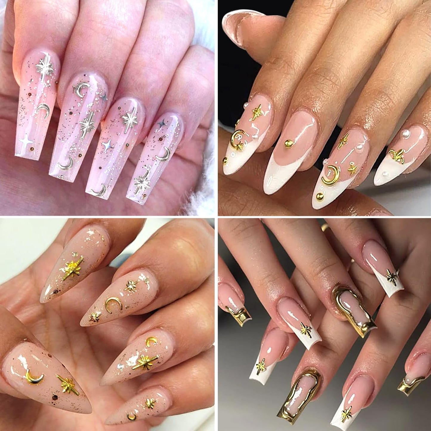 Furtherpretty Gold Star Nail Charms, 3D Silver Nail Charms Metal Studs Cross Star Celestial Nail Decorations, Flat-Back Nail Art Accessories with Tweezers for Women, Manicure Salon Supplies