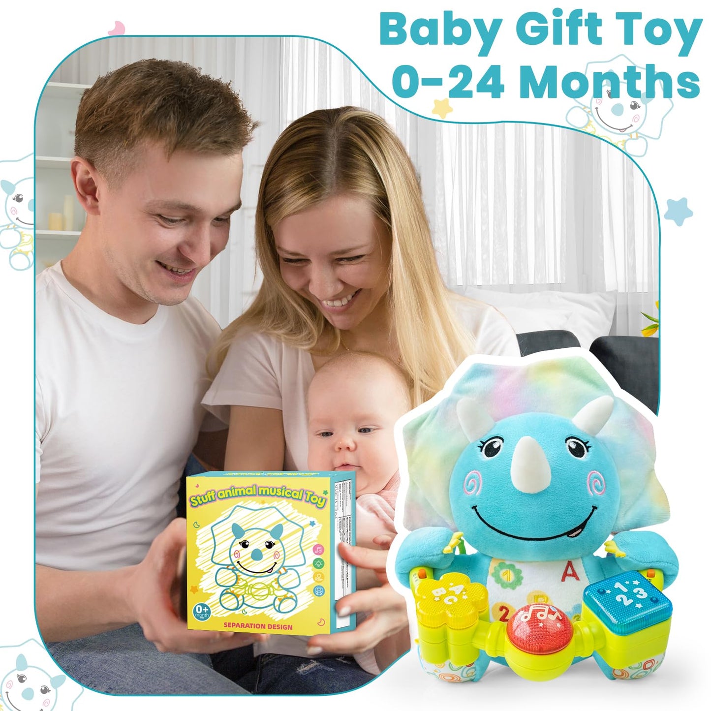 Holaxander Baby Dino Musical Stuffed Animals Toy with Light-Up Music & Crinkle Sound Paper,Infant Bilingual Early Learning Education Toys,Tummy Time Toys for 0-3-6-12+ Months Boy Girl