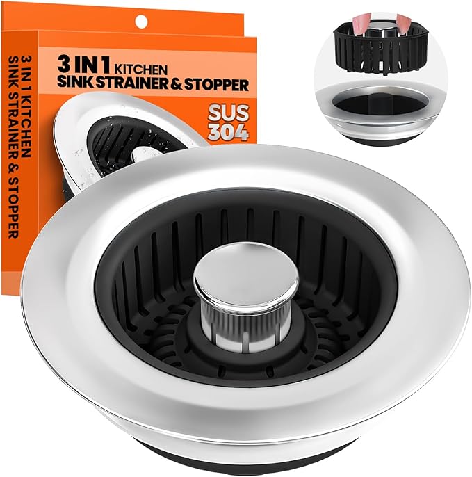 3 in 1 Kitchen Sink Drain Strainer & Sink Stopper Upgraded Stainless Steel Drain Plug with Anti-Clog Basket Drain Stopper Combo, Pop Up Sink Stopper for Standard 3-1/2''