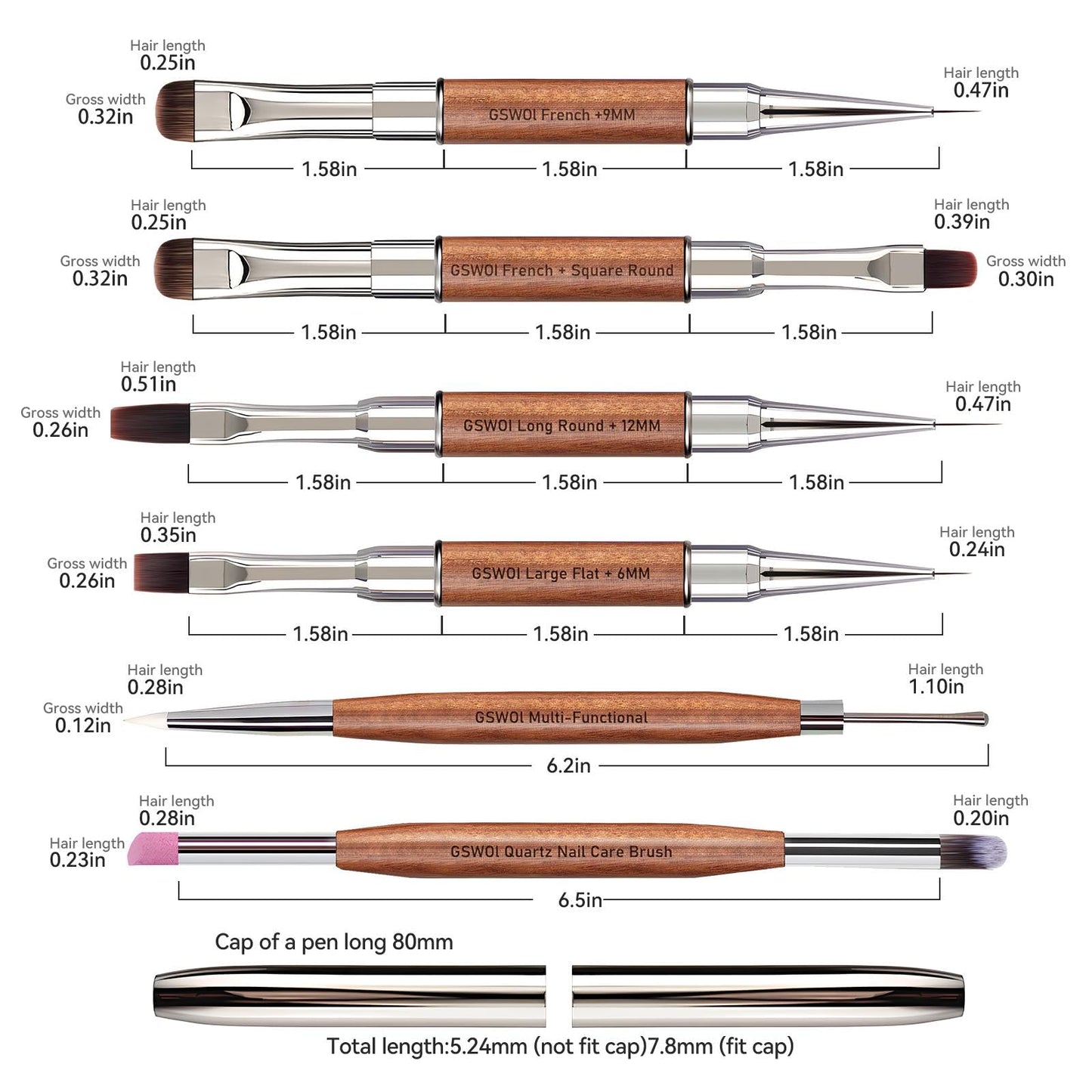 GSWOI Dual Head Acrylic Nail Brush-French Tip & Square Round with Cleaning Brush for Builder Gel,Polygel & Design-Wood Handle & Metal Caps