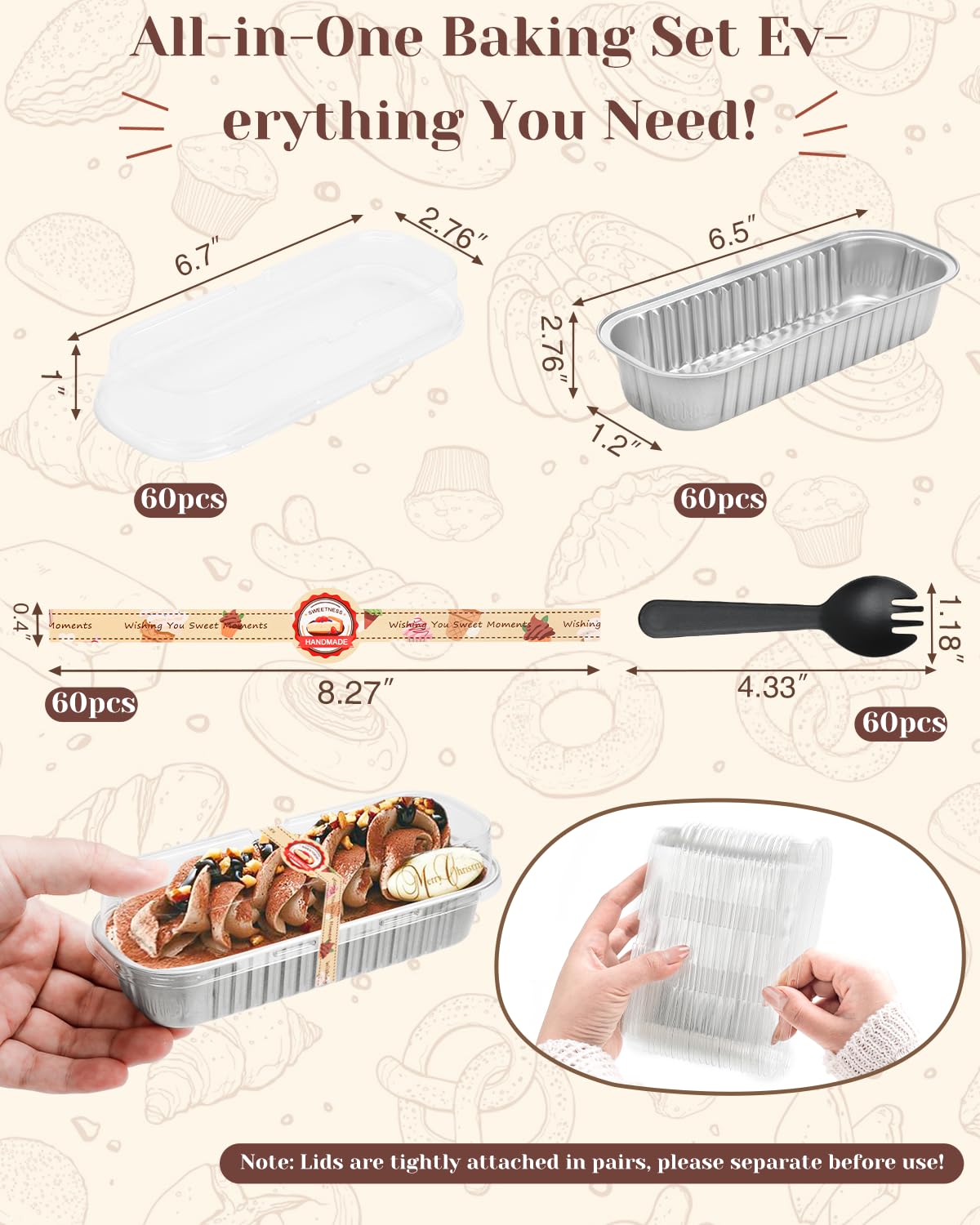 YQER 100 Pack Mini Loaf Pans with Lids, Spoons & Stickers โ Disposable Aluminum Foil Baking Cake Containers for Oven, Air Fryer & Freezer โ Ideal for Cakes, Bread, Pudding, Parties & Gifting, Sliver