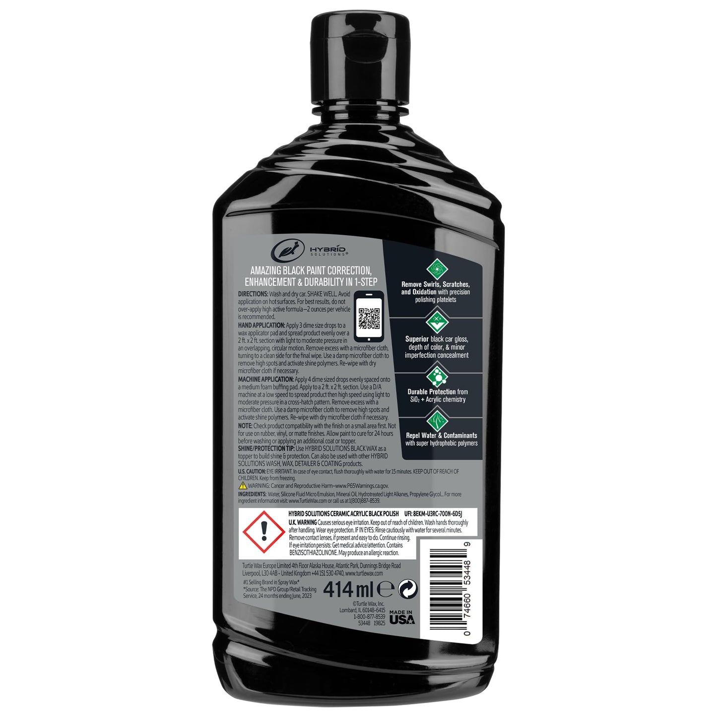 Turtle Wax Hybrid Solutions Ceramic Acrylic Black Car Polish and Wax, Car Scratch Remover & Car Paint Restorer for Black Cars, Deep Shine, Ceramic Coating Protection & Water Beading, 14 oz (Pack of 1)