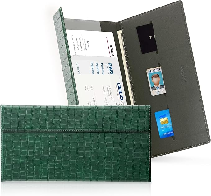 CoBak Leather Car Registration and Insurance Holder with Magnetic Compartment - Vehicle Glove Box Organizer for Driver License, Cards, Emergency Cash - Auto Truck Accessories Case, Dark Green