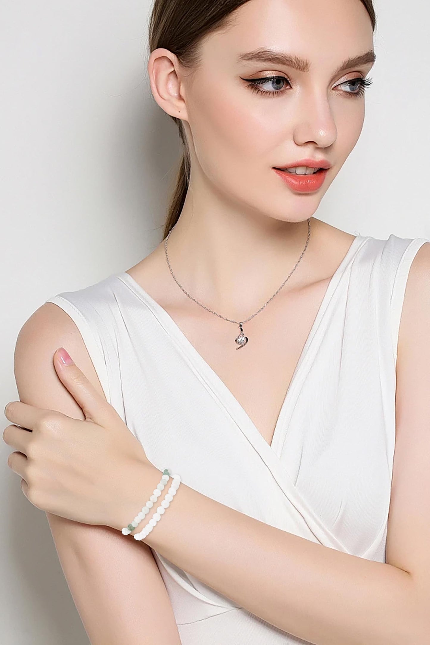 NCB 2-Piece 6mm Natural Crystal Gemstone Stretch Bracelets – Tianshan Jade, White Jade Handmade Reiki Energy Healing Jewelry for Meditation,Yoga, Unisex