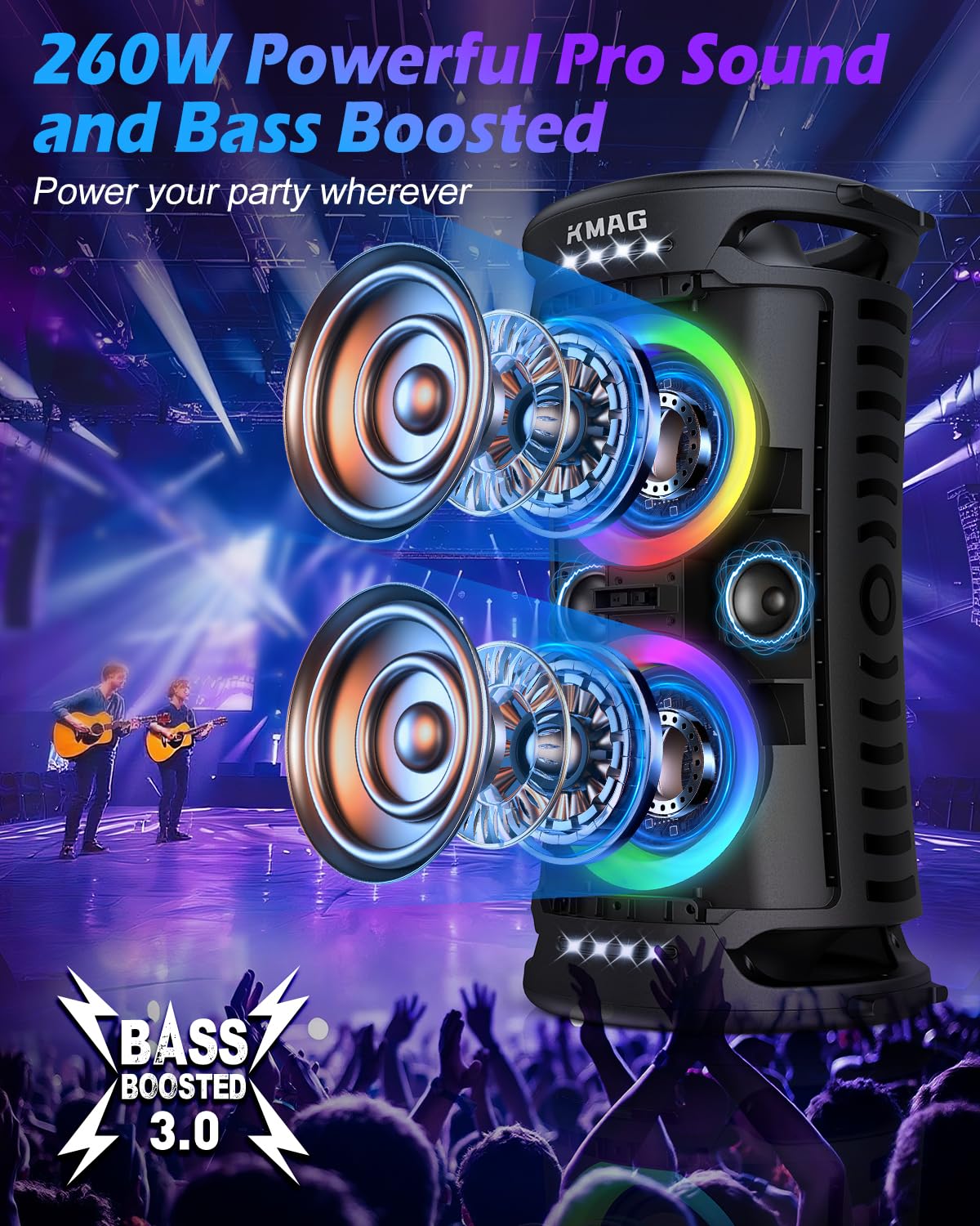 Large Party Bluetooth Speaker, 260W Peak Powerful Loud Sound with Deep Bass, 15Hr Playtime, Fast Charge, RGB Cool Light Show, TWS, Portable for Outdoor Beach, Camping, Backyard, Work, Home (Black)