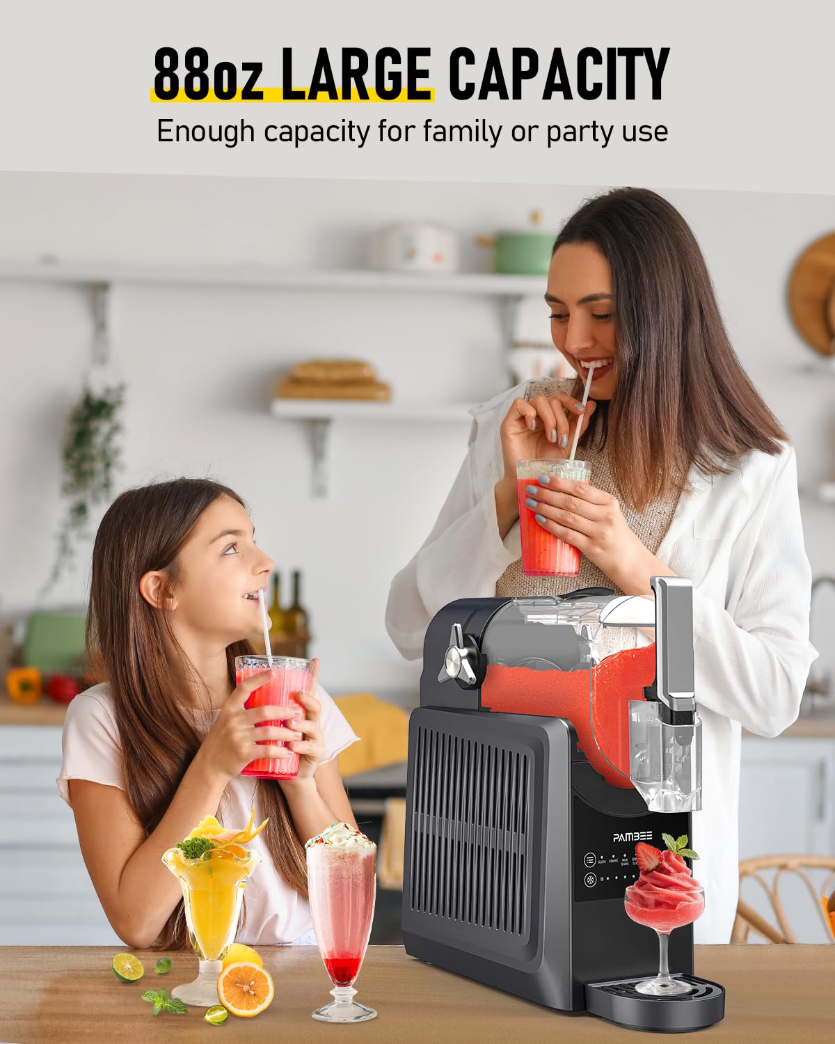 PAMBEE 88oz Slushie Machine, No Ice Needed Frozen Drink Maker for Home, Self-Cleaning, 5 Preset Menus & 5 Temp Settings Slushy Machine for Margarita, Frappés, Milkshakes and More