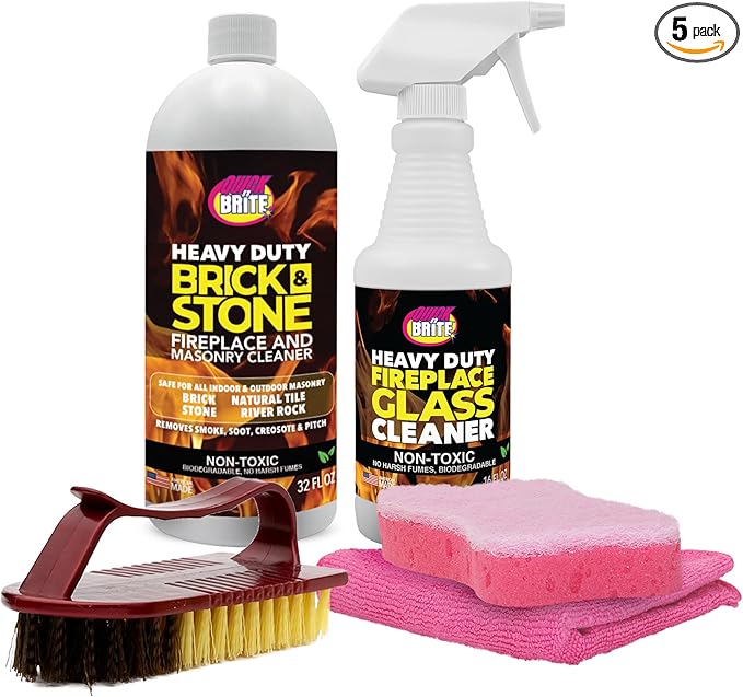 Quick 'n Brite Fireplace Cleaning Kit â Includes 16 oz Fireplace Glass Cleaner, 32 oz Gel Fireplace Cleaner, Scrub Brush, Sponge and Microfiber Towel