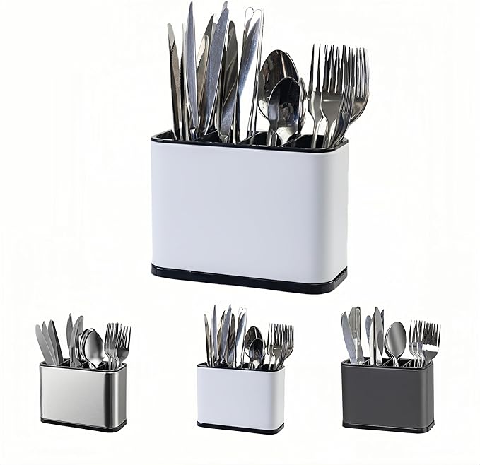LIBODOUR Utensil Holder,Stainless Steel Caddy Counter,Spoon holder,4 Compartments Silverware Caddy,Capacity Flatware Spoon Fork Tool Cutlery Holderï¼Whiteï¼