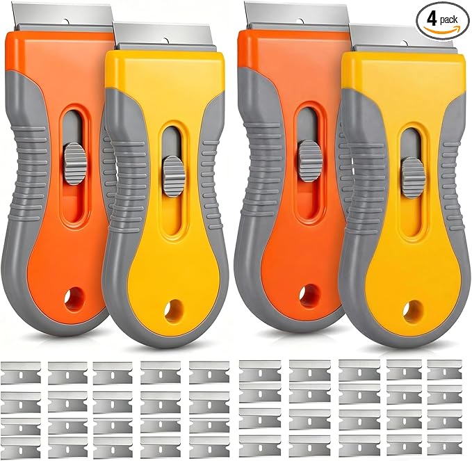 Razor Blade Scraper Tool 4 Pack with 40 Replacement Blades â Retractable Glass Scraper with Safety Lock & Non-Slip Grip for Windows, Cooktop, Stove Top, Sticker Label Paint Caulk Adhesive Remover