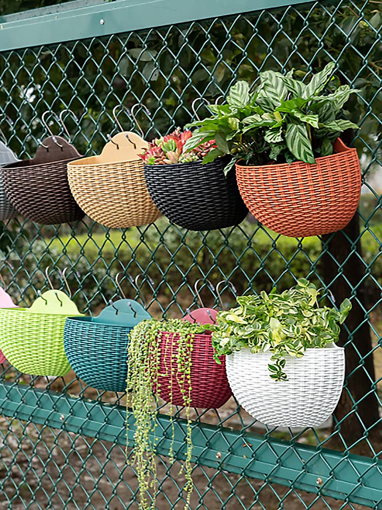 Hanging Planter Pot, Wall and Railing Hanging Planters with S Hooks, Half Round Imitation Rattan European Style Wall Flowerpot Rustic Decorative Flower Basket for Home(#2pcs 21 * 16.5cm Dark Green)