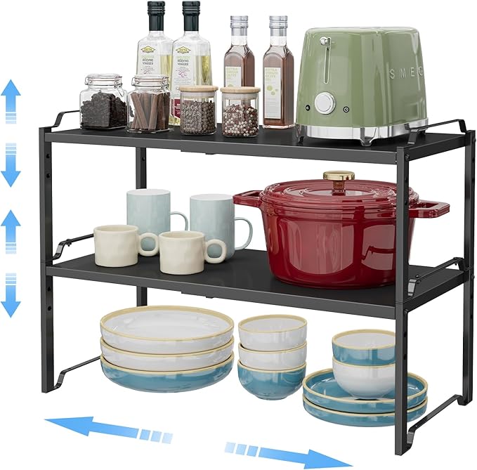 2 Pack 11â Width Expandable Kitchen Cabinet Organizer Shelves, Metal Kitchen Countertop Organizers and Storage Shelving, Heavy Duty Stackable Storage Rack Shelf For Pantry Cupboard Counter Tabletop