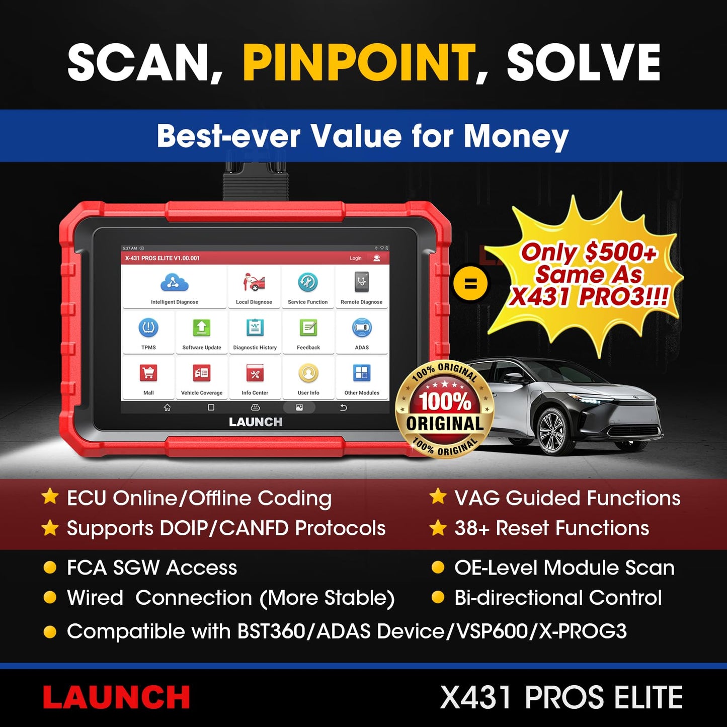 Launch X431 PROS Elite 2026 New Bidirectional Scan Tool, 38+ Services, ECU Coding, All-in-One Full System Diagnostic Scanner, Support CANFD&DoIP, FCA AutoAuth, V.A.G Guided, 2 Years Free Update