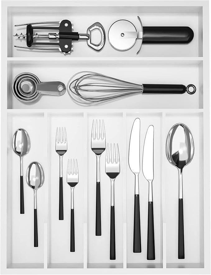 Utensil Organizer Silverware Drawer Organizer - 7 Slots Bamboo Cutlery Organizer Multi-Purpose Silverware Divider for Kitchen Flatware, Hair Accessories, Repair Tools, Art Set W13âx L17â (White)