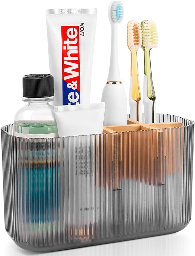 Black Bathroom Accessories - 5 Slots Toothbrush Holders for Bathrooms Sink Organizer Countertop Kids Bathroom Storage Caddy Decor