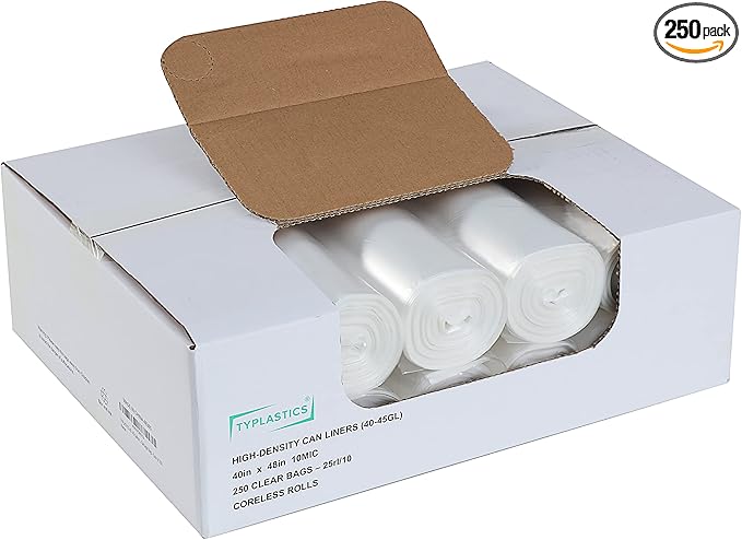 TYPLASTICS 40-45 Gallon Clear Trash Can Liners - 40" x 48" â High Density Garbage Bags - Case of 250 â Multipurpose for Office, Outdoor, Recycling, Industrial and Commercial