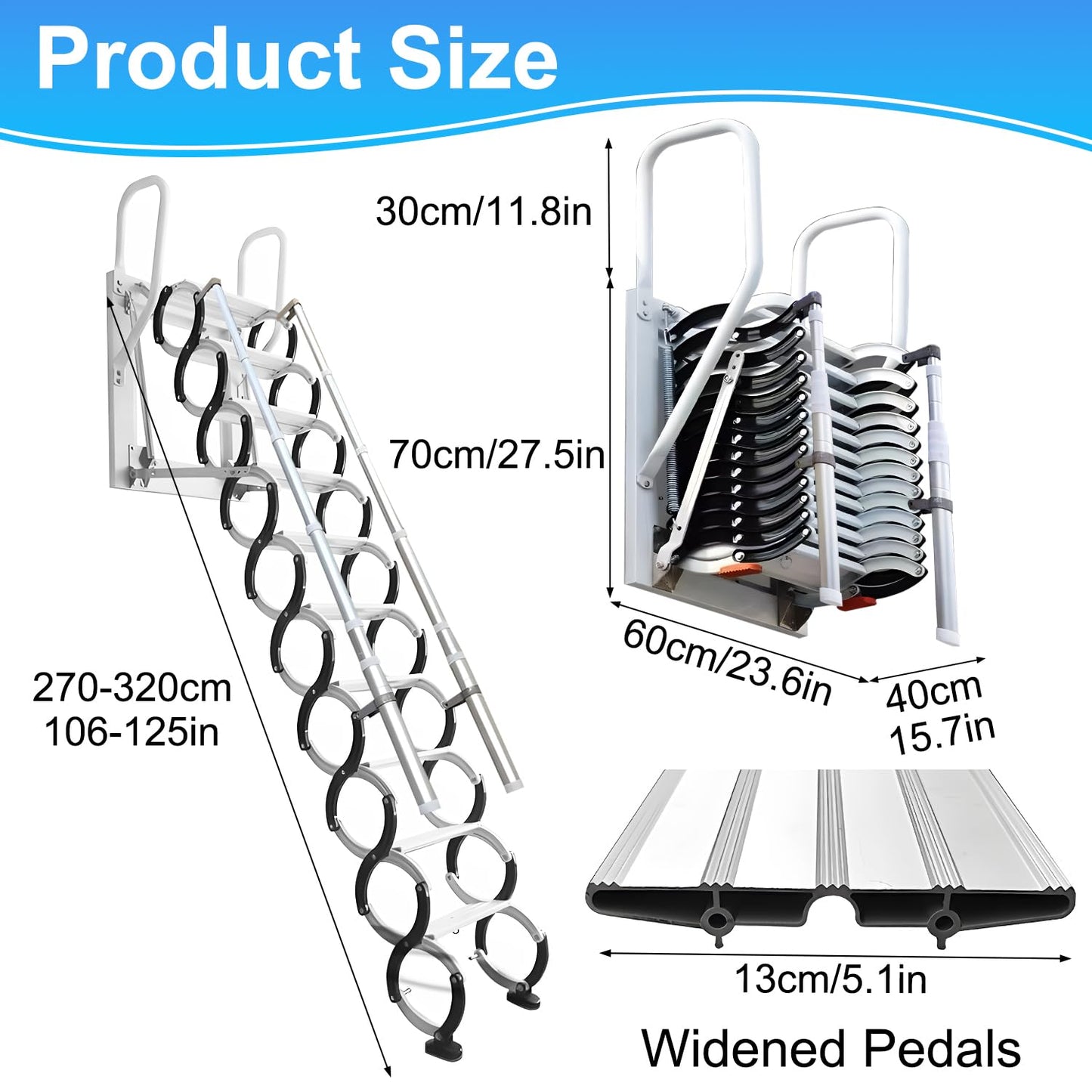 YIRCELOM Wall-Mounted Folding Stairs, 12 Steps, 3.2m Folding Loft Staircase with Handrails, Telescoping Attic Ladder with Pull Down System, Retractable Loft Ladder, Up to 600lbs, for Indoor Outdoor