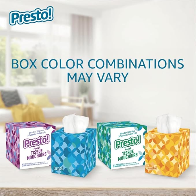 Amazon Brand - Presto! Ultra-Soft 3-Ply Premium Facial Tissues,792 Total Count,Packaging May Vary,66 Count (Pack of 12)