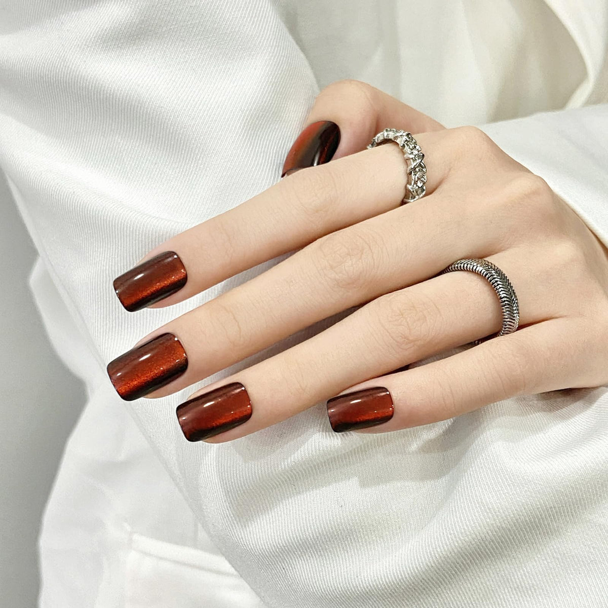 Orange Red Cat Eyes Press On Nails,12 Sizes-24 Pcs Soft Gel Orange Red Medium Square Fake Nails Kit with Nail Glue, Natural Reusable Stick On False Nails for Women and Girls (Skycloud Nails) SK0929