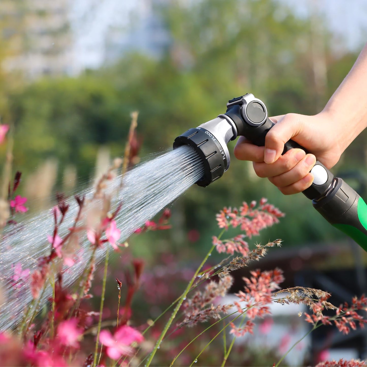RESTMO Heavy Duty Hose Nozzle, Metal Garden Water Hose Sprayer with 7 Watering Patterns, Thumb Control, On Off Valve, High Pressure Nozzle Sprayer for Watering Plants, Car and Pet Washing, Silver