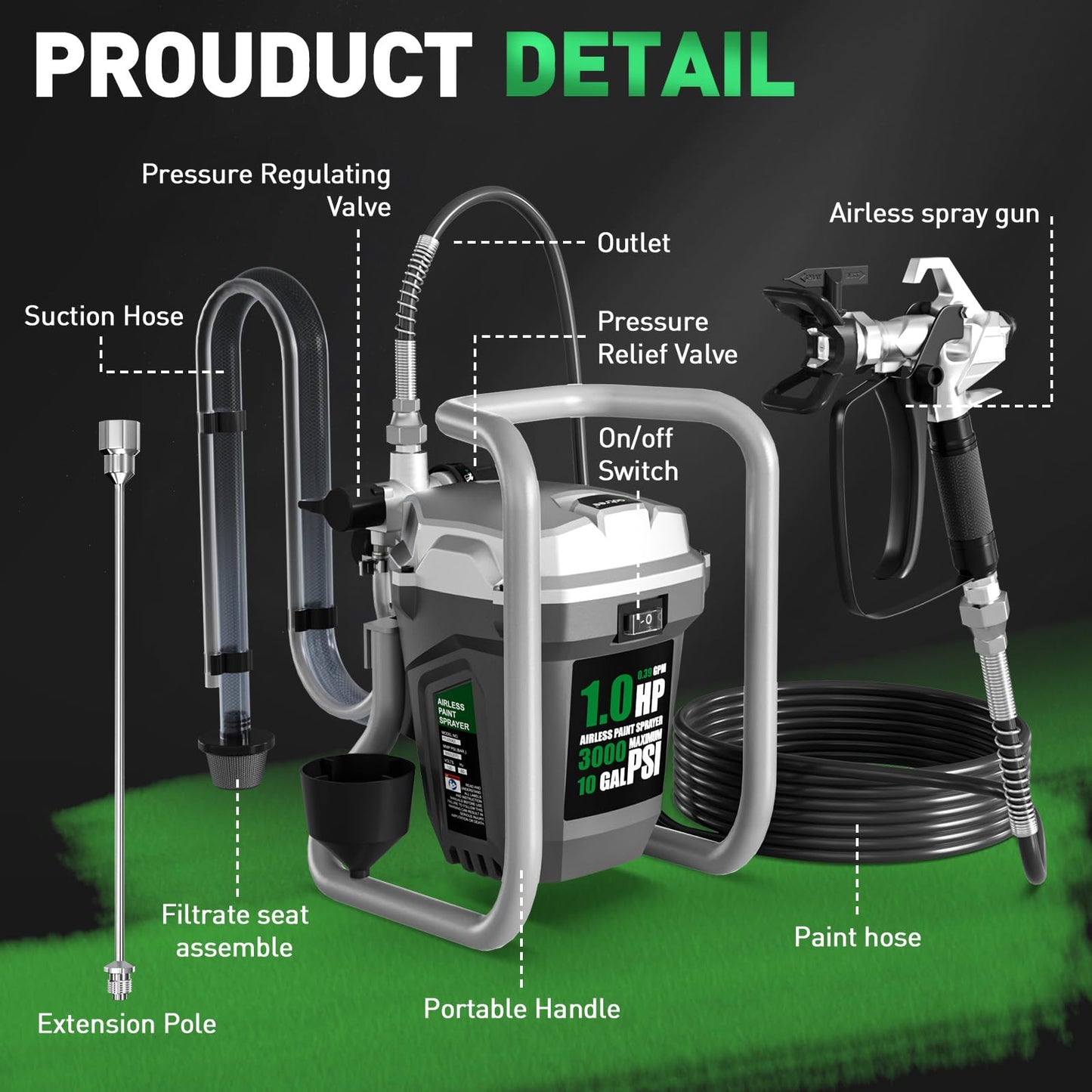 Baotree Airless Paint Sprayer, High-Pressure Electric Paint Spray Gun with Extension Rod, Thinning-Free Professional Painting Tool for Interior/Exterior Walls, Fences, Ceilings, Cabinets