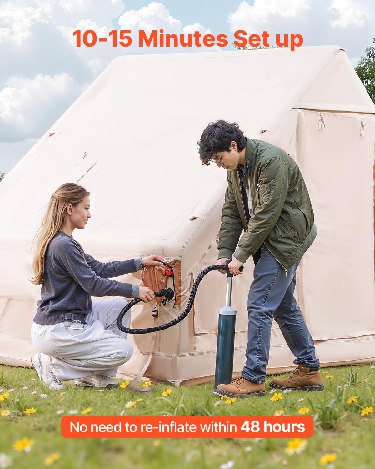 VEVOR Inflatable Tents for Camping, 4-6 Person Easy Setup Blow up Tent with Hand Pump, 300D Oxford 4 Season Glamping Tent with Stove Jack 2 Doors & 4 Mesh Windows, Storage Bag Included for Easy Taking