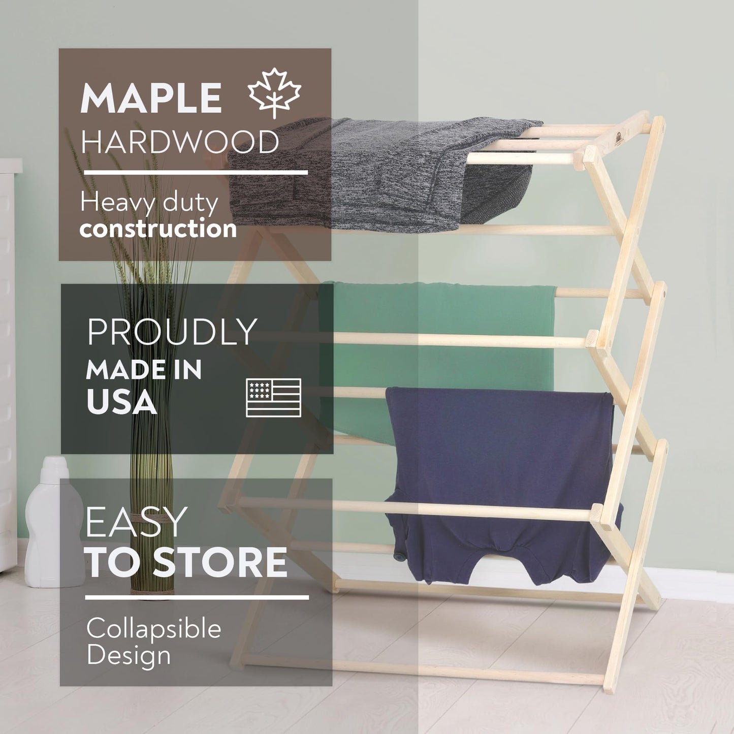 Pennsylvania Woodworks Premium American Maple Clothes Drying Rack - Extra Large Wall Clothes Drying Rack, Collapses to 35" x 20" x 8", Handcrafted in Pennsylvania