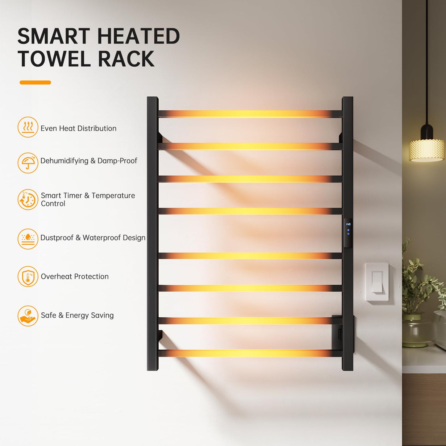 AquivaCoast Towel Warmer Rack, Heated Towel Racks for Bathroom, Wall Mounted Towel Warmer, Stainless Steel 8-Bars Drying Rack with Intelligent Touch Screen Timer, Matte Black