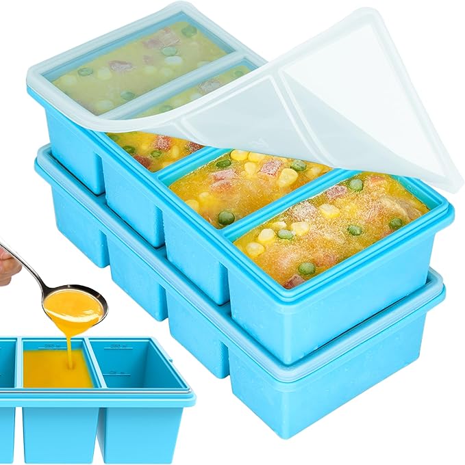 1 cup Silicone Freezer Trays with Lids, Soup Freezer Container molds, Easily prepare portioned meals, Great for storing soups, leftovers, sauces and other dishes, Oven & Dishwasher -Safe â 2 Pack
