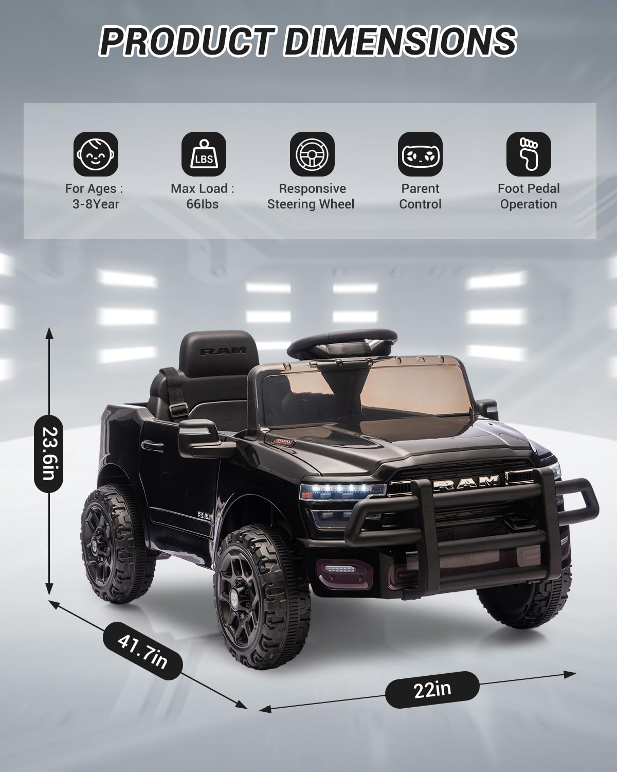 Electric Car for Kids, Licensed RAM 12V Ride on Truck w/Remote Control, Toddler Ride on Toys with Music, 3 Speeds, LED Lights, Suspension, Gift for Boys Girls