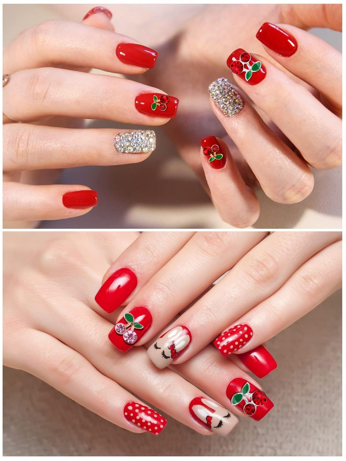 48Pcs Cherry Nail Rhinestones, Kalolary 3D Valentine's Day Charm Red Pink Fruit Diamond Crystal Nail Studs Alloy Nail Gems for Women Nail Art Decoration