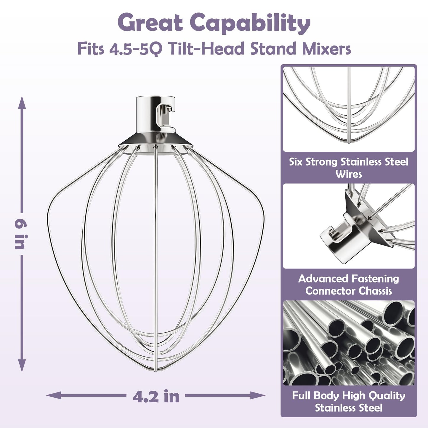 Stainless Steel 6-Wire Whisk Attachment for KitchenAid Mixer, 4.5-5Qt Tilt-Head Stand Mixer Compatible, Dishwasher Safe, Ideal for Whipping Cream, Mixing Flour & Cake, Perfect for Mayonnaise Whisks