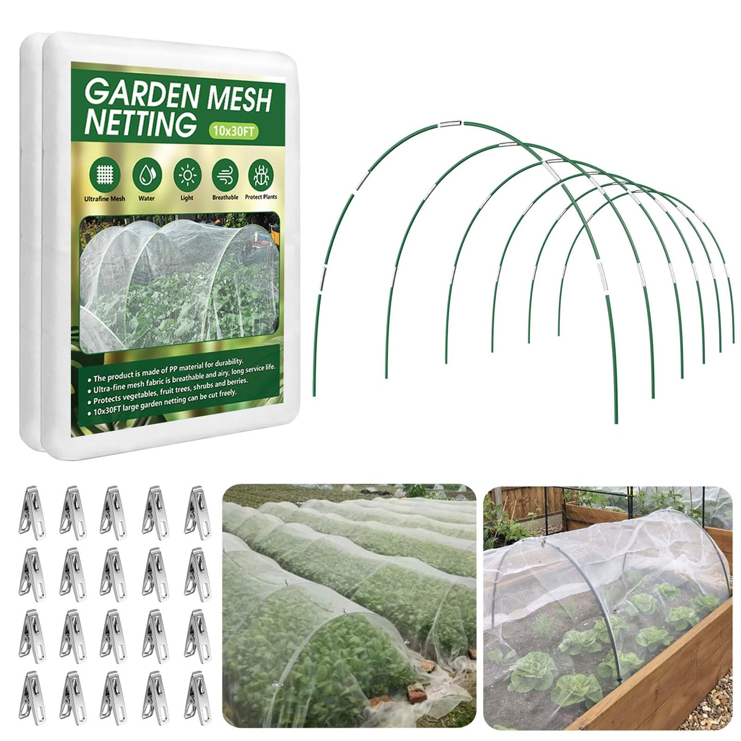 Garden Netting Kit for Raised Beds, 10x30FT Ultra Fine Mesh Nettingï¼ 6 Sets of 8FT Fiberglass Garden Hoops, Row Cover Insect Netting for Vegetable Plant Fruit Flowers Protection