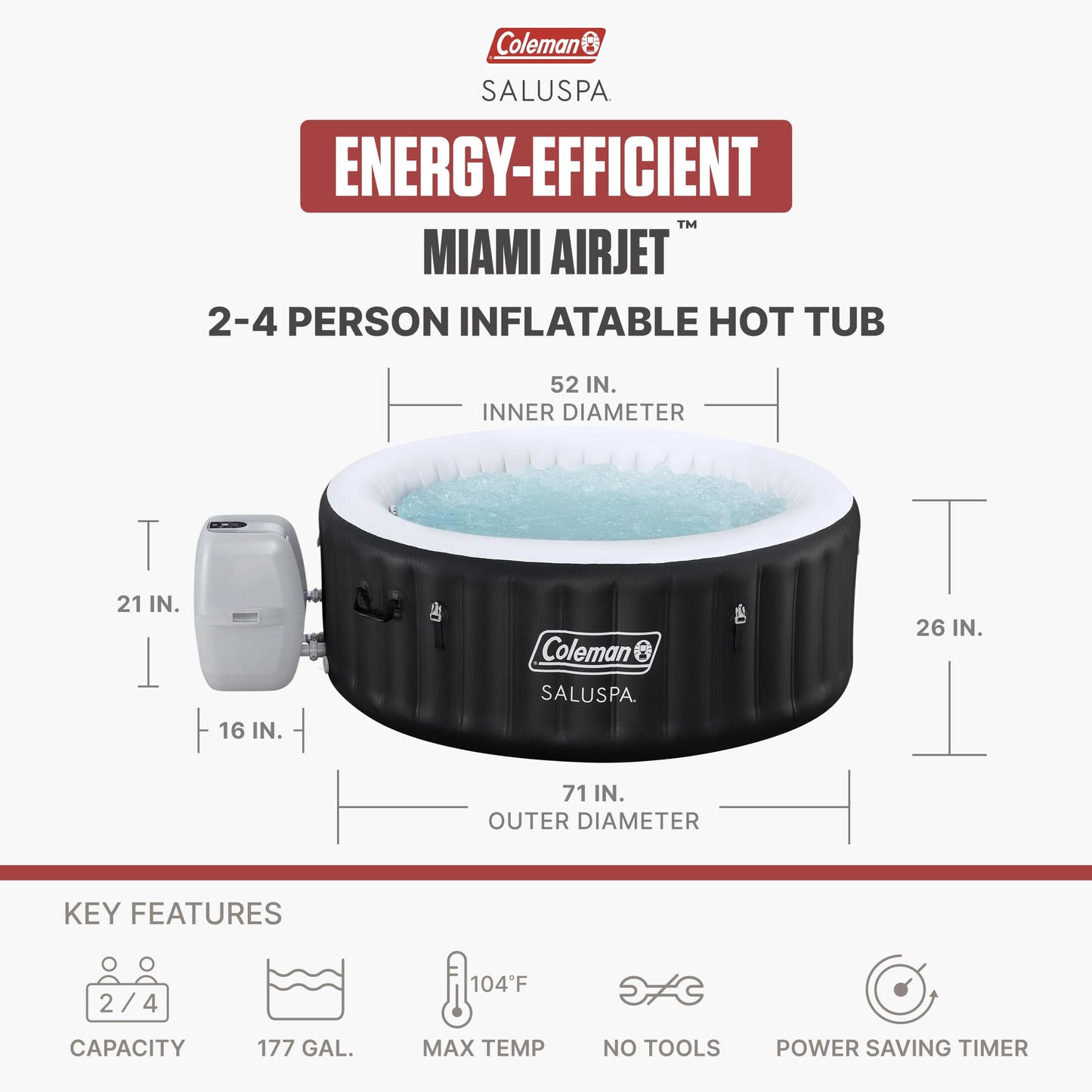 Coleman Miami 2 to 4 Person Inflatable Hot Tub, Round Energy-Efficient Portable Outdoor Spa with 120 AirJets, 71" x 26"