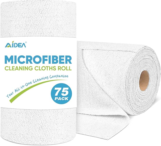 AIDEA Microfiber Cleaning Cloth Roll White, 75PK, Microfiber Towels for Cars, Tear Away Reusable Paper Towels, Commercial Shop Rags, Lint Free Rags for House, Kitchen, Automotive, 11.5"Ã11.5"