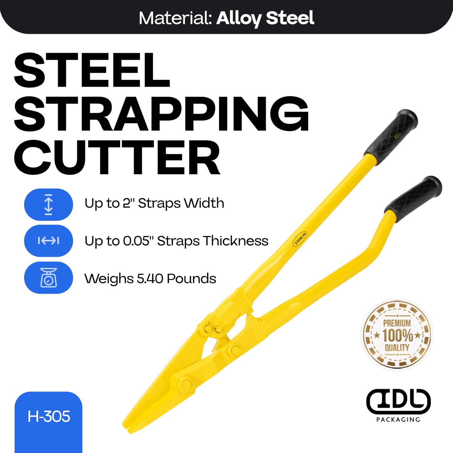 IDL Packaging H-305 Steel Strapping Cutter for 1 1/4" and 2" Straps Width and 0.05" Thickness – Heavy Duty Best in Class Tool with Even Longer Handles – Two-Hands Operation Tool